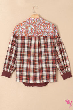 Fiery Red Floral Plaid Mixed Print Bishop Sleeve Patchwork Top