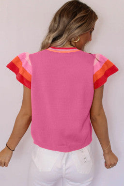 Contrast Flutter Sleeves Knitted Sweater T Shirt