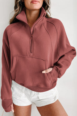 Fleece Lined Zip Up Stand Collar Thumbhole Sleeve Sweatshirt