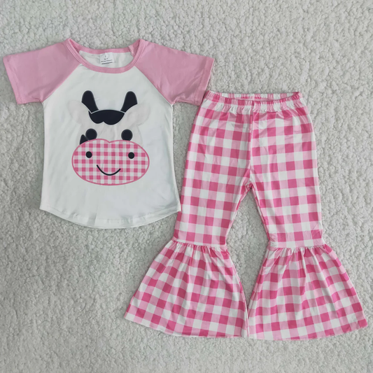 girls pink cow short sleeve top ruffle pants outfit