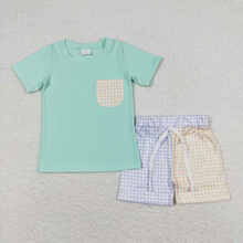 Boys Green Pocket Tee Shirt Checkered Shorts Clothes Sets