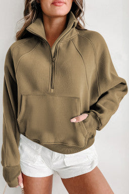 Fleece Lined Zip Up Stand Collar Thumbhole Sleeve Sweatshirt