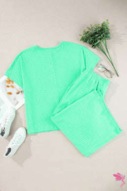 Mint Green Textured Batwing Sleeve Tee Wide Leg Pants Plus Size Set