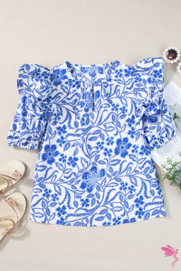 Dark Blue Floral Print Ruffled Bubble Sleeve Blouse