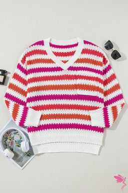 Pink Stripe V Neck Drop Shoulder Plus Size Sweater