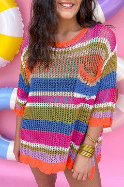 Pink Stripe Colorblock Hollowed Crochet 3/4 Sleeve Sweater