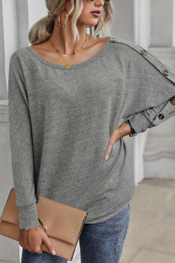 Gray Solid Color Button Decor Dolman Sleeve Top)