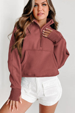 Fleece Lined Zip Up Stand Collar Thumbhole Sleeve Sweatshirt