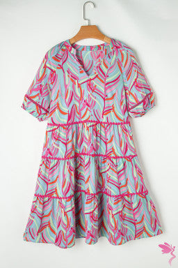 Light Blue Abstract Printed Ricrac Tiered Puff Sleeve Dress