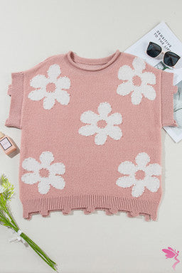 Light Pink Pearled Flower Distressed Edge Sweater T Shirt