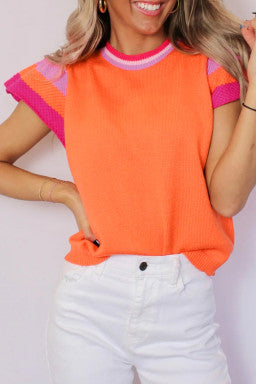 Contrast Flutter Sleeves Knitted Sweater T Shirt