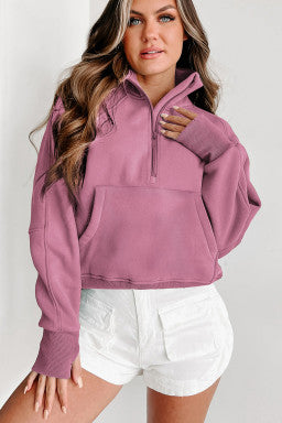 Fleece Lined Zip Up Stand Collar Thumbhole Sleeve Sweatshirt