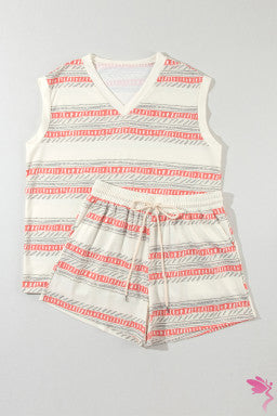 Beige Western Striped Print Casual Tank 2pcs Outfit