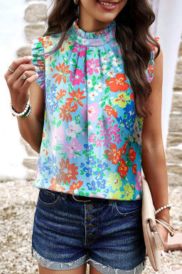 Sky Blue Frilled Collar Floral shirt