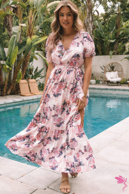 Pink Floral Puff Sleeve High Waist Maxi Dress