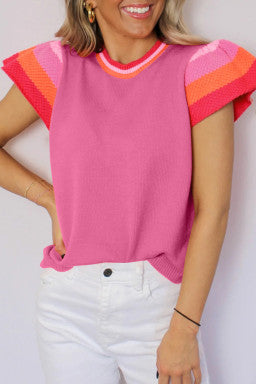 Contrast Flutter Sleeves Knitted Sweater T Shirt