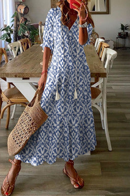 V Neck Casual Geometric Print Maxi Dress