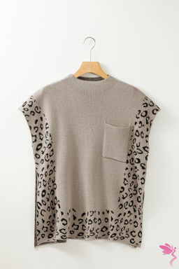 Smoke Gray Leopard Trim High Neck Short Sleeve Loose Sweater