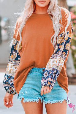 Brown Boho Floral Print Balloon Sleeve Top with Lace Details