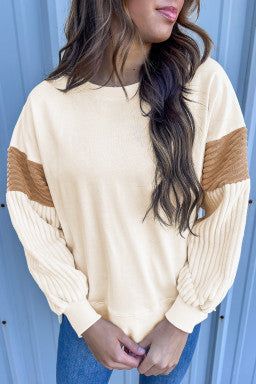 Apricot Corduroy Patchwork Drop Shoulder Long Sleeve Sweatshirt