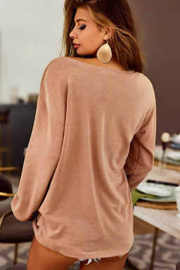 Khaki Distressed Cutout Long Sleeve Casual Top