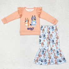 Girls Orange Dog Long Sleeve Top Bell Pants Clothes Sets