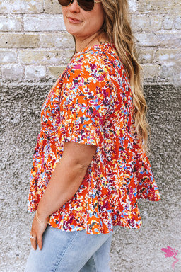 Orange Floral Printed Ruffle Sleeve Curvy Babydoll Blouse