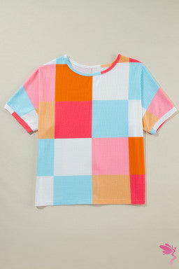 Light Blue Waffle Knit Colorblock Loose T Shirt