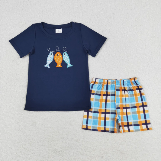 Fishing embroidery boy summer shorts set