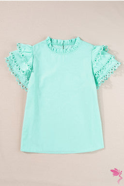 Mint Green Layered Ric Rac Cap Sleeve Frilled Neck Blouse