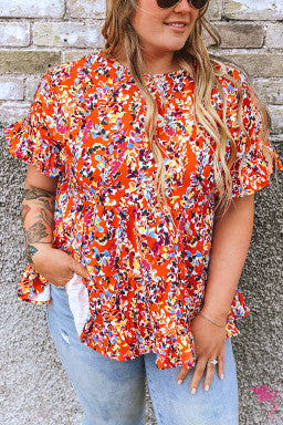 Orange Floral Printed Ruffle Sleeve Curvy Babydoll Blouse