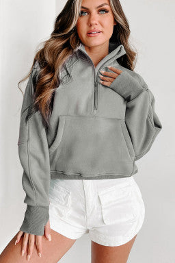 Fleece Lined Zip Up Stand Collar Thumbhole Sleeve Sweatshirt