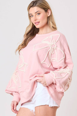 Light Pink Flower Pattern Drop Shoulder Loose Sweatshirt)