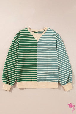 Green Stripe Colorblock Drop Shoulder Oversize Sweatshirt