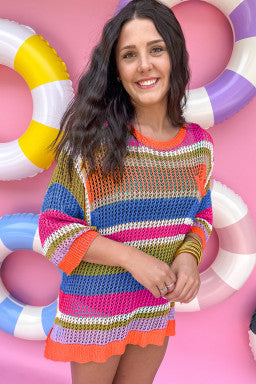 Pink Stripe Colorblock Hollowed Crochet 3/4 Sleeve Sweater