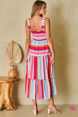 Red Stripe Ruffled Straps Smocked Tiered Long Dress