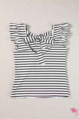 Stripe Butterfly Sleeve V Neck Hollowed Knot Back T Shirt