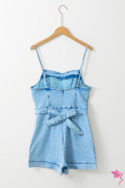 Beau Blue Spaghetti Straps Belted Denim Romper