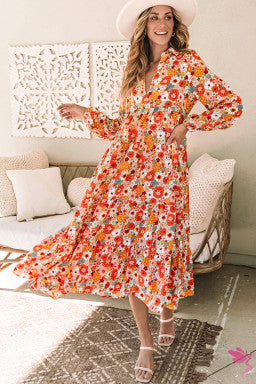 Yellow Boho Floral Collared Long Sleeve Ruffled Dress