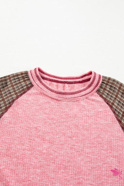 Fushia Mixed Print Patchwork Raglan Ribbed Knit Top