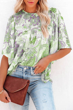 Green Multicolor Paisley Print Wide Sleeves Loose Blouse