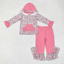 Girls Bright Pink Flowers Hooded Top Ruffles Pants Clothes Sets