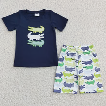 Boys Summer Alligator Embroidery Shorts Sets)