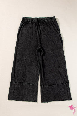 Black Plus Mineral Wash Exposed Seam Wide Leg Cropped Pants