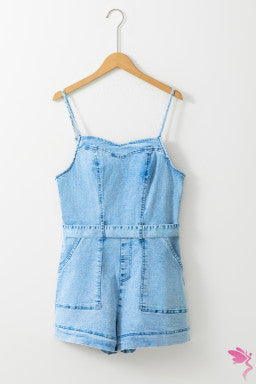 Beau Blue Spaghetti Straps Belted Denim Romper