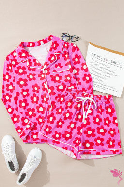 Flower Print Long Sleeve Shirt Shorts Pajamas Set