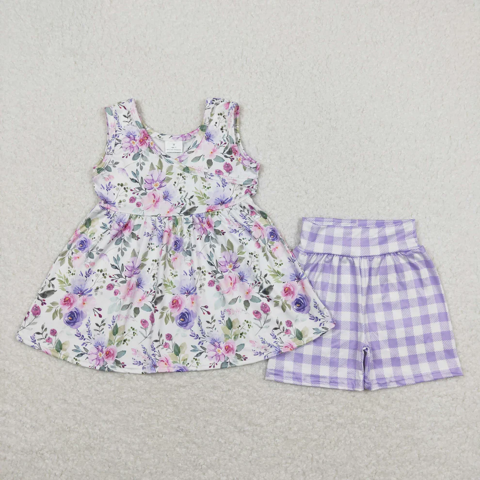 Girls floral top lavender plaid shorts outfit