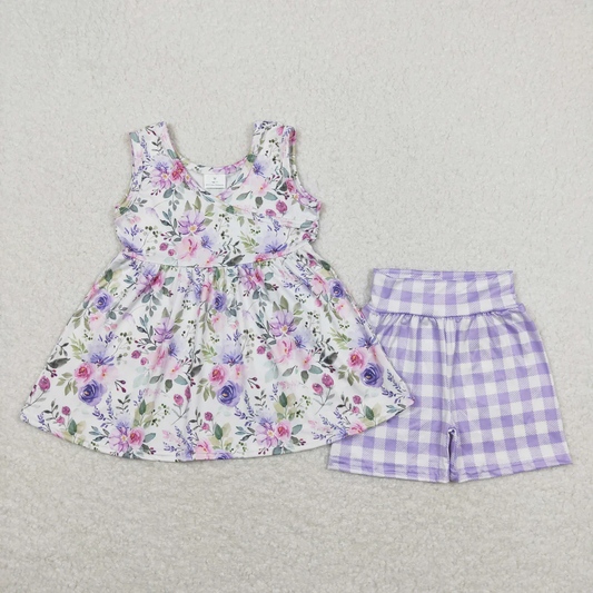 Girls floral top lavender plaid shorts outfit