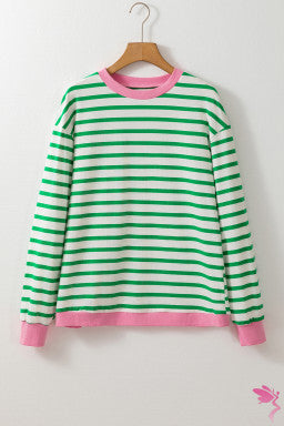 Bright Green Striped Contrast Edge Long Sleeve Top