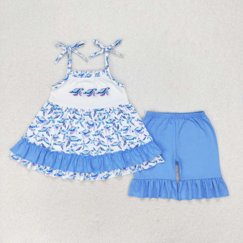 Embroidery sea turtle baby girls summer